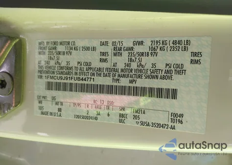 2015 Ford Escape Titanium z USA, uszkodzony, nr VIN 1FMCU9J91FUB44771